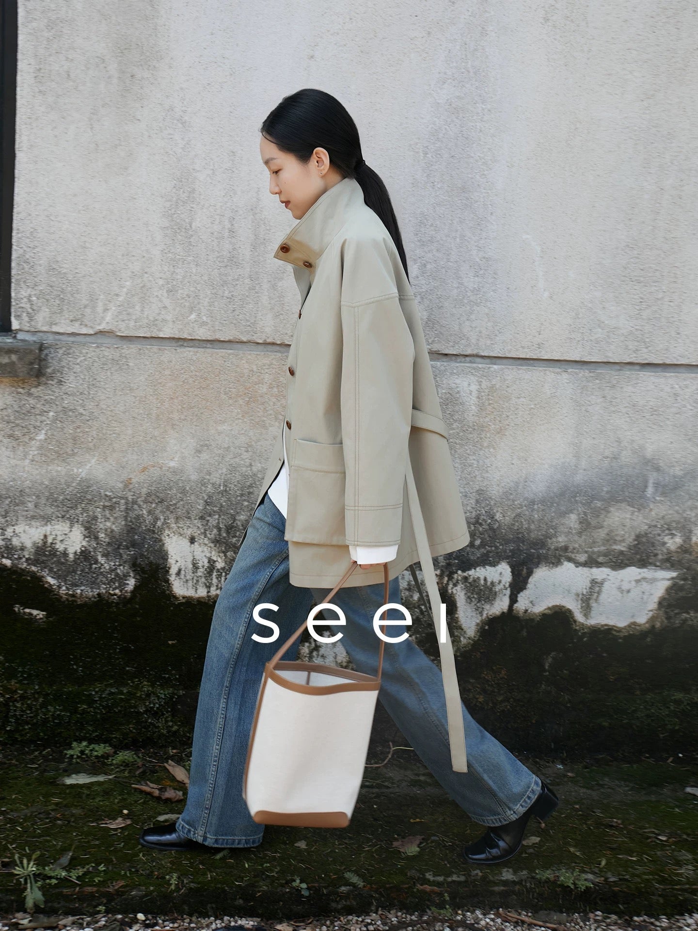 【seei】Stand Collar Mid-Length Trench Coat