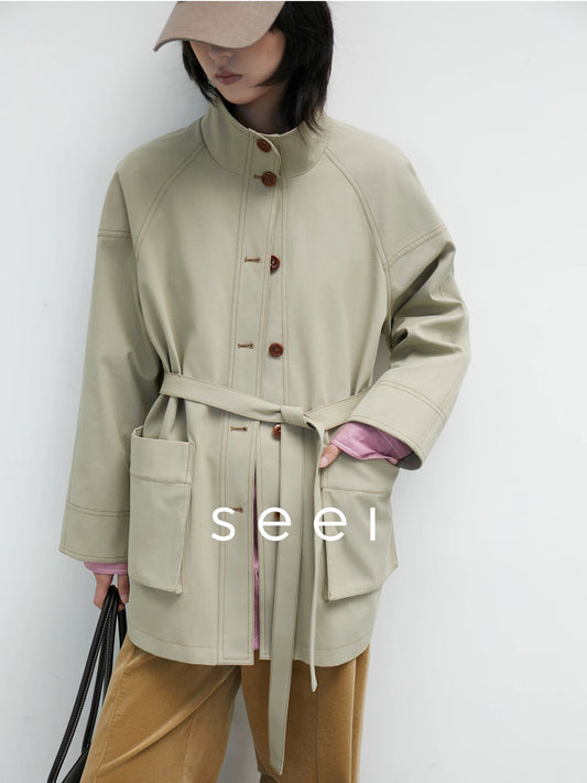 【seei】Stand Collar Mid-Length Trench Coat